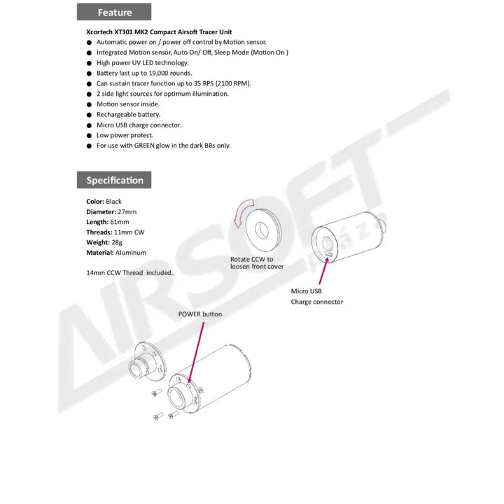 XCORTECH XT301 MK2 TRACER HANGTOMPÍTÓ - RÖVID - PIROS TRACER BB-HEZ